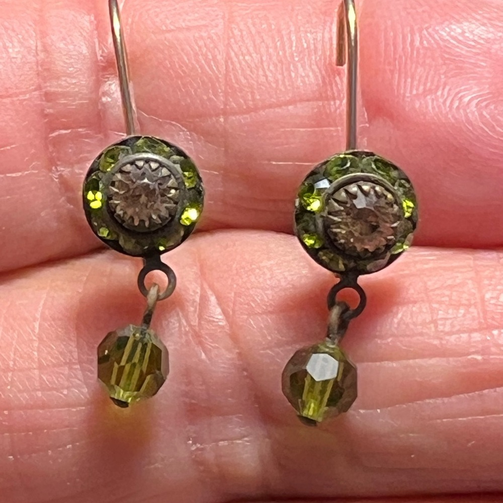 Liz Palacios Vintage Lever Back Antiqued Brass Green Swarovski Drop Earrings